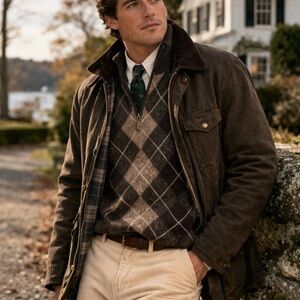 Barbour Argyle Lambswool Sweater Mens XL Brown 1/4 Zip Pullover Classic Preppy